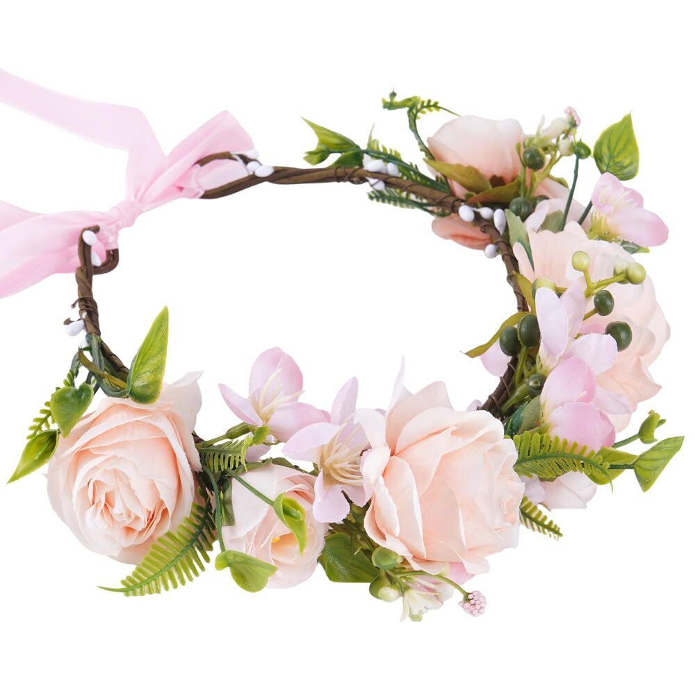 5749 Pink Flower Crown Headband Artificial Rose Floral Headpiece